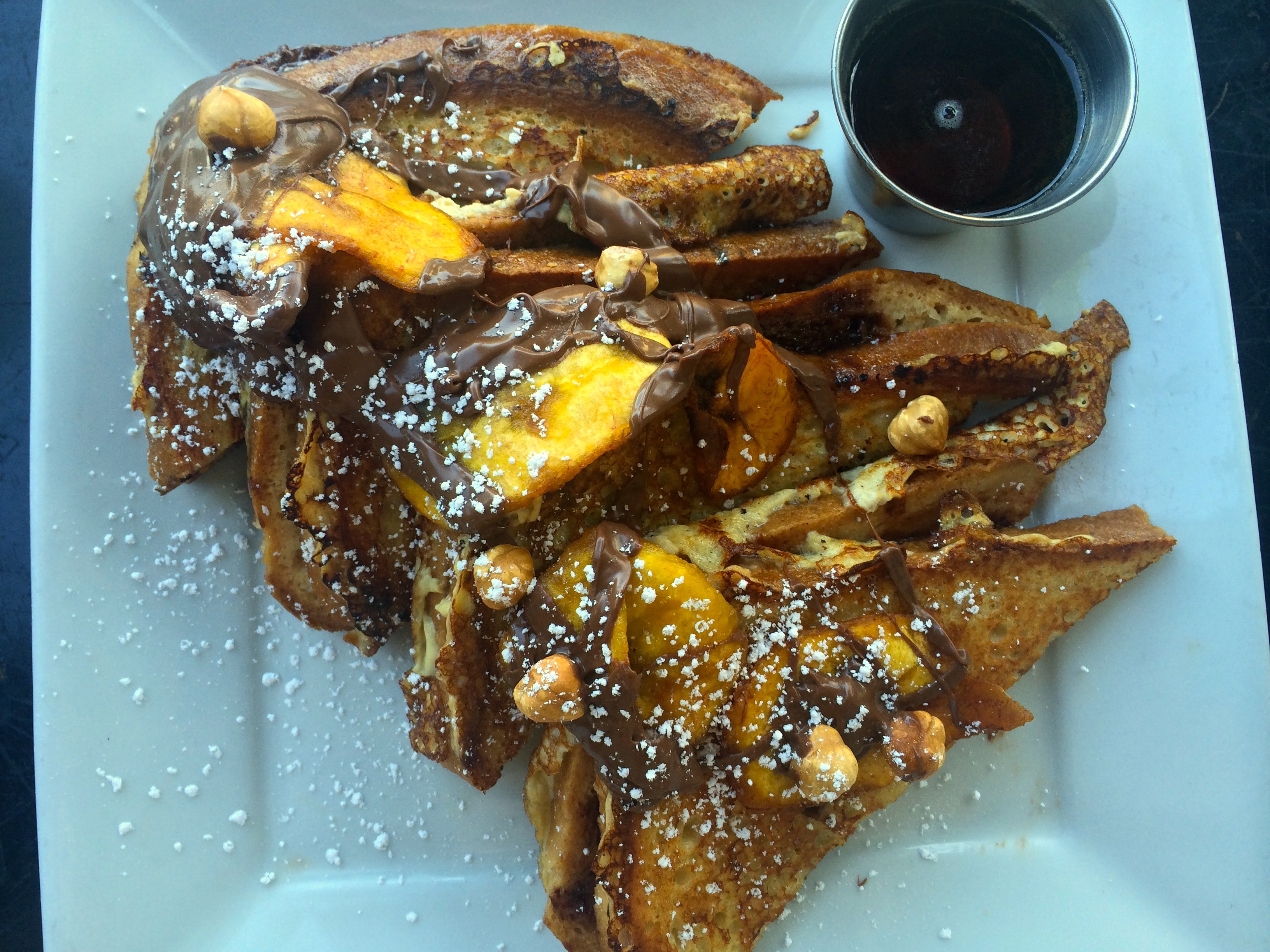 LB French Toast with Nutella, plantains and hazelnuts.; Credit: B. Douglas