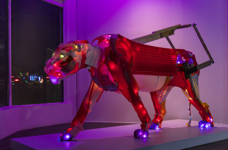 cynthia minet jacked panthera atrox 2019 mechanical kinetic sculpture made from post consumer plastics wood aluminum steel motor leds 887021