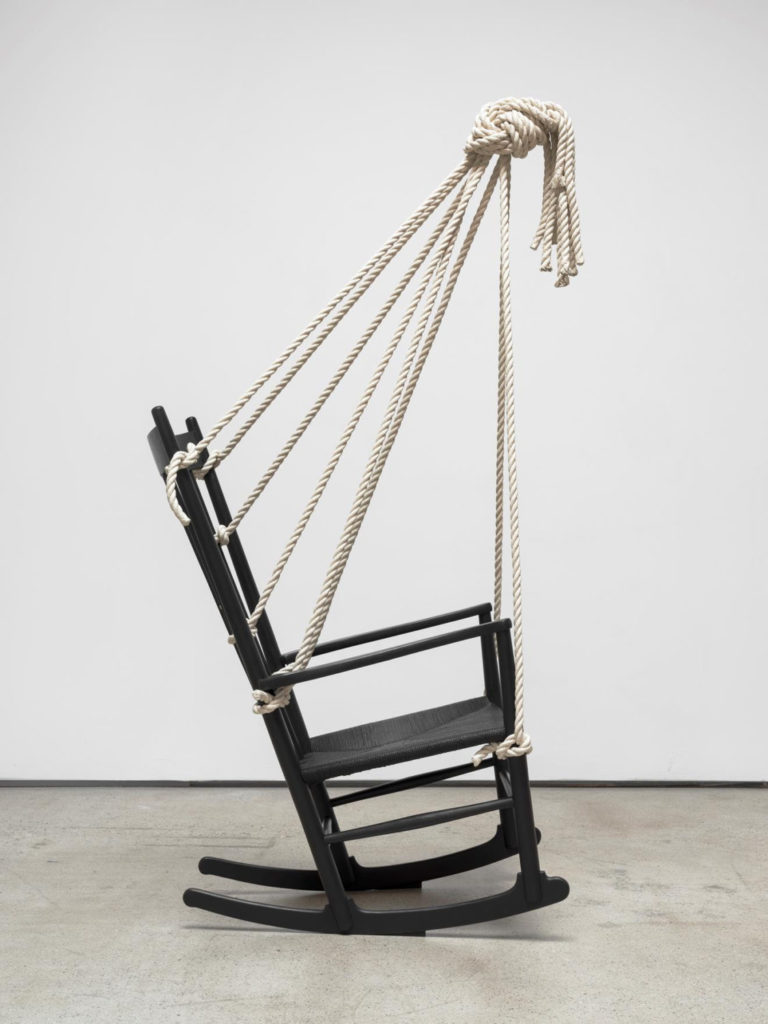 Rocking Chair with Rope Meditation Chair 1 2020 patinated bronze and oil paint 67 1 2 x 24 x 35 inches