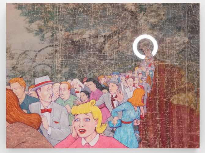 Art Pick: <I>5,471 miles</i> at Blum & Poe 38 blum poeJim Shaw The Vicious Circle 2020 Oil pastel and oil paint on board muslin LED 48 116 x 64 18 x 3 inches