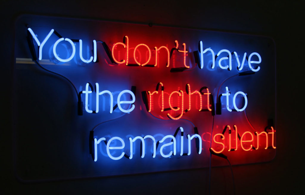 YOU DON’T HAVE THE RIGHT TO REMAIN SILENT 2019 glass plexi glass and neon 24 x 48 x 2