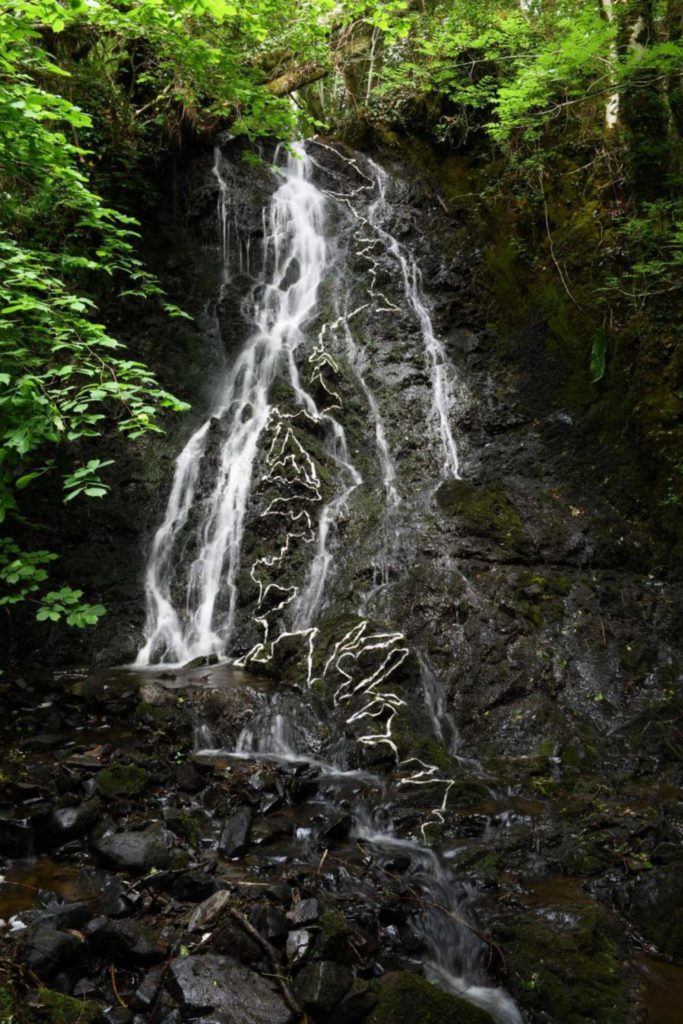 Andy Goldsworthy Wet wool drawing waterfall. Dumfriesshire Scotland. 14 June 2020
