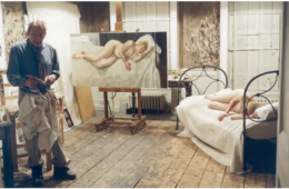 Painting of Ria almost finished Lucian Freud photographed in his studio with model Ria Kirby by his assistant David Dawson 2007. Photograph © David Dawson Bridgeman Images