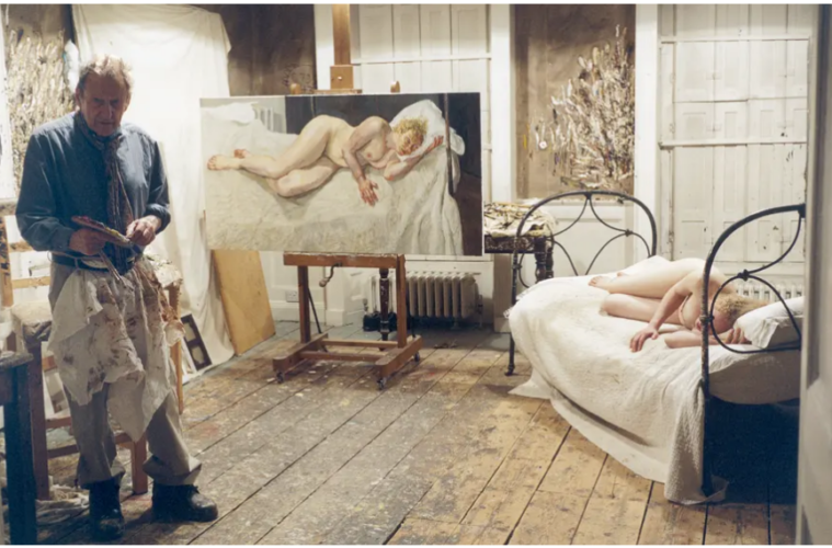 Painting of Ria almost finished Lucian Freud photographed in his studio with model Ria Kirby by his assistant David Dawson 2007. Photograph © David Dawson Bridgeman Images