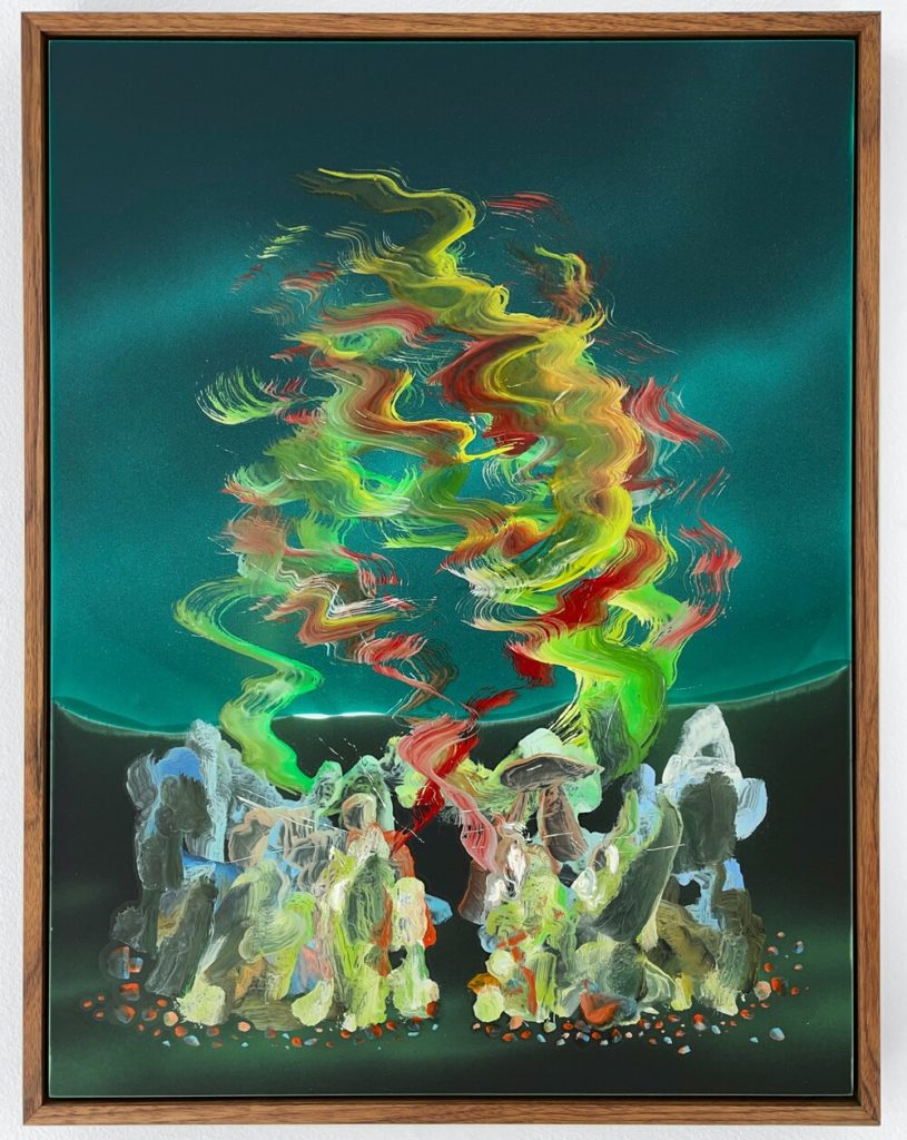 zach storm Mirage Viridian Green Earth 2020 Oil and acrylic on aluminum panel in custom made walnut frame 16 x 21