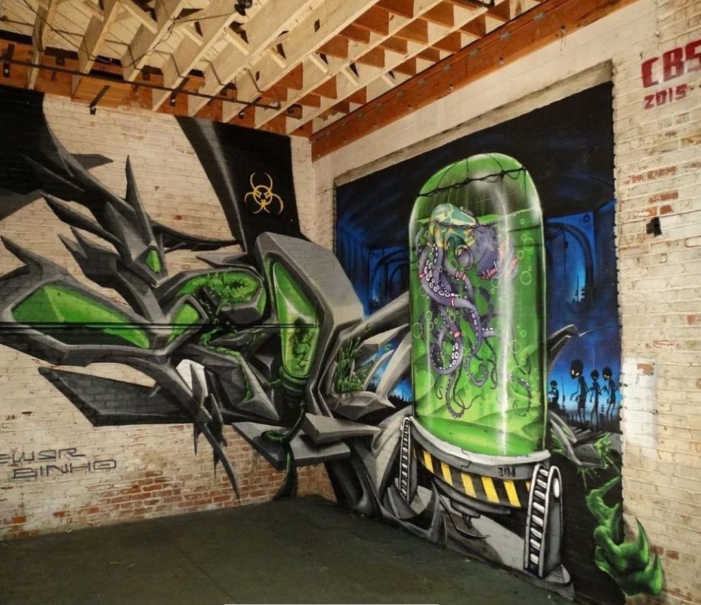 Tewsr 3D graffiti art collaboration with Binho at The Container Yard in 2015 Photo courtesy Binho