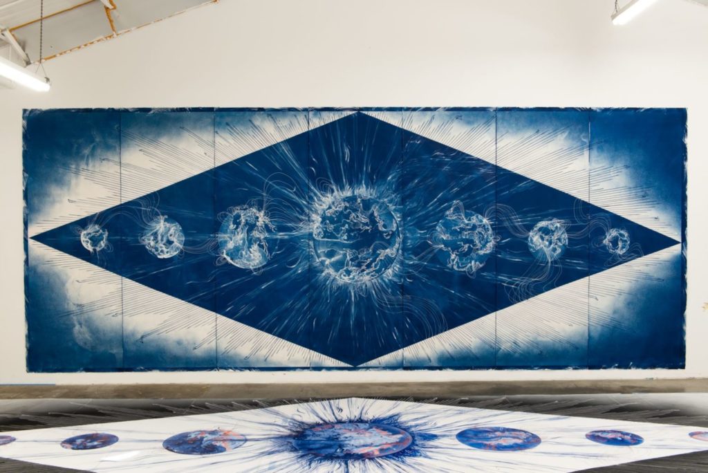 Lia Halloran Solar Negative Cyanotype on paper from painted negative acrylic ink 119 x 300 in.