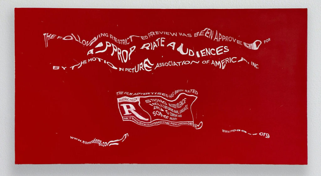 Rated R for STRONG BLOODY VIOLENCE INCLUDING RAPE LANGUAGE DRUG CONTENT AND SOME NUDITY Aftershock 2021 Acrylic and oil on canvas 40.17 x 74.25 inches