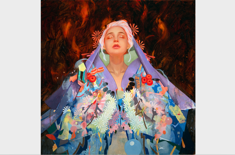 Soey Milk Blue Fire Oil and plastic on canvas 30 x 30 Corey Helford Gallery wide