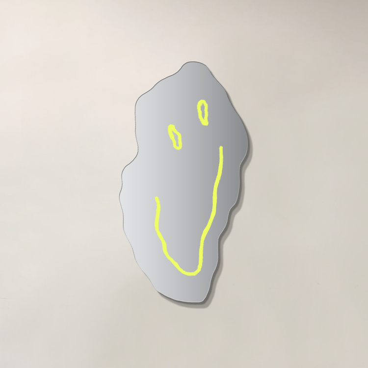Anxiety Mirror Smiling on the Outside Edition of 6 36 x 19 Acrylic and plastic particles on machined glass mirror on wood