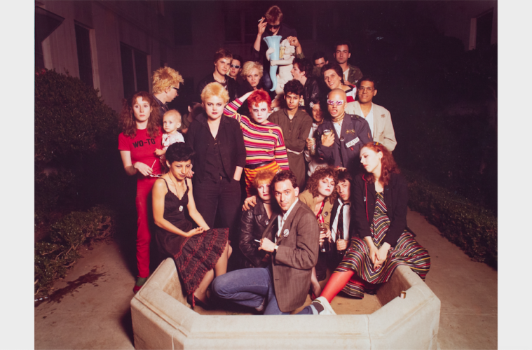 Jules Bates center front with the Go Gos and residents of the Canterbury in Los Angeles circa 1978. Photography by Jules Bates. wide