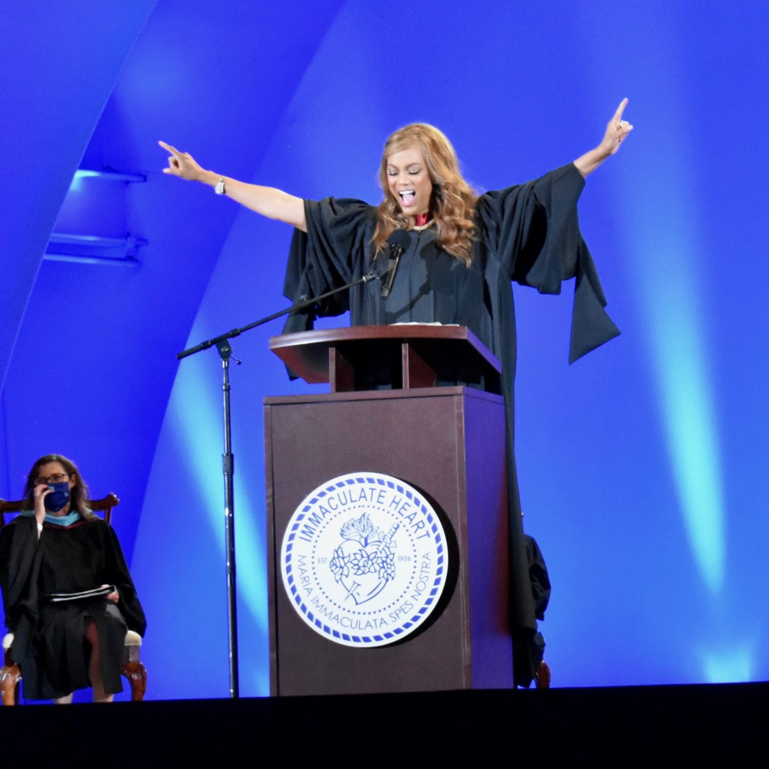 Tyra Banks speaking at the 2021 graduation ceremonies for Immaculate Heart at the Hollywood Bowl