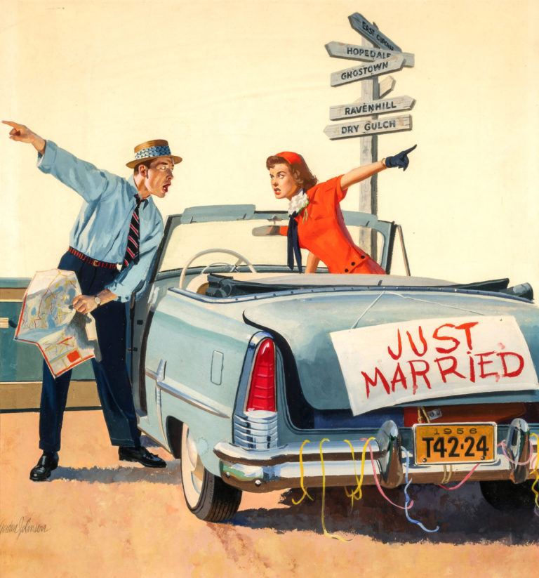 Gordon Johnson Just Married 1956 gouache. Courtesy of the Hilbert Collection