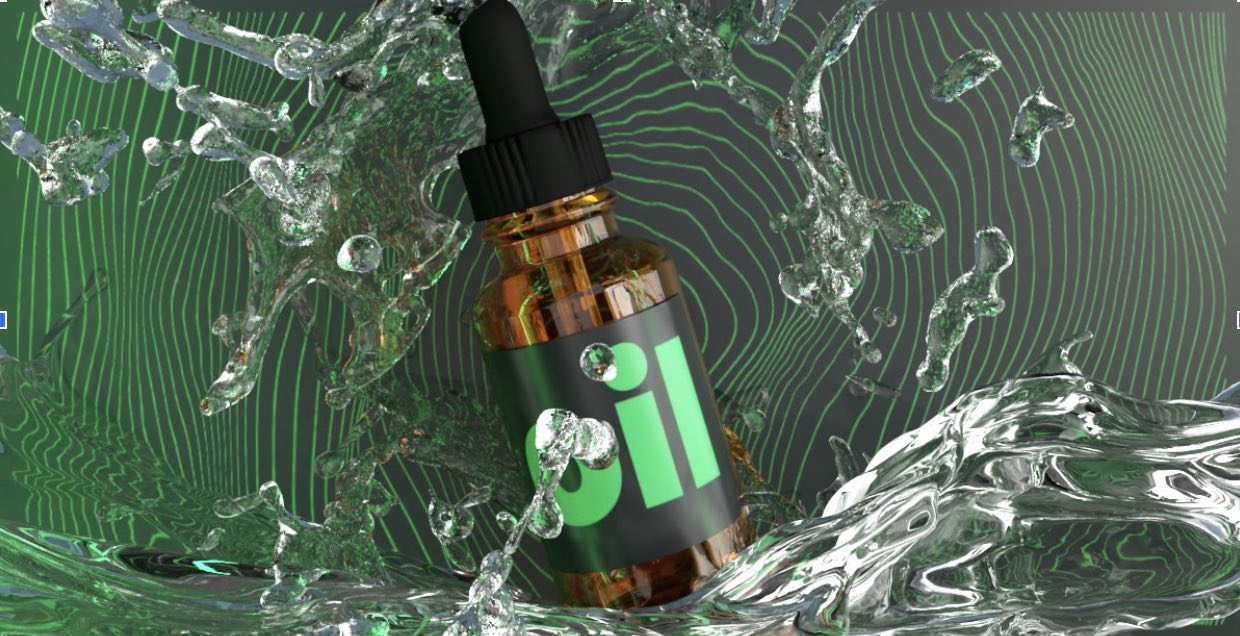 generic CBD oil bottle with water waves and green background