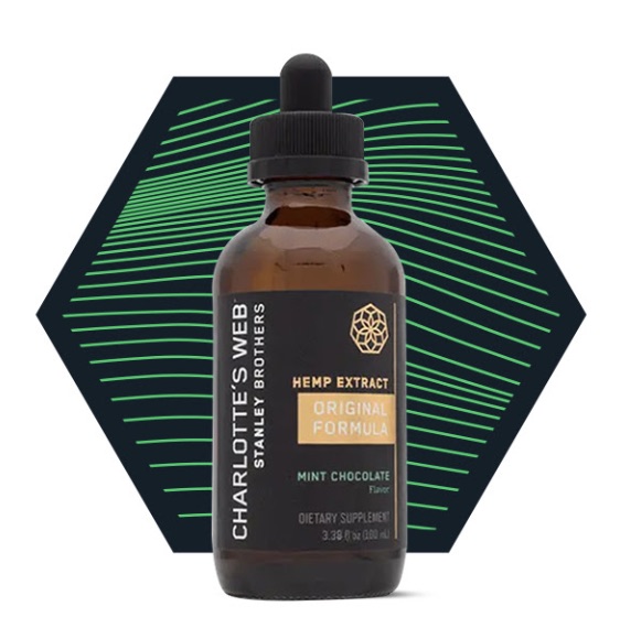 Charlotte’s Web mint chocolate CBD oil bottle with green background