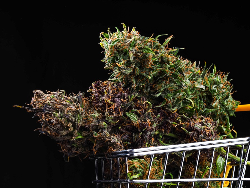 cannabis flower bud in shopping cart