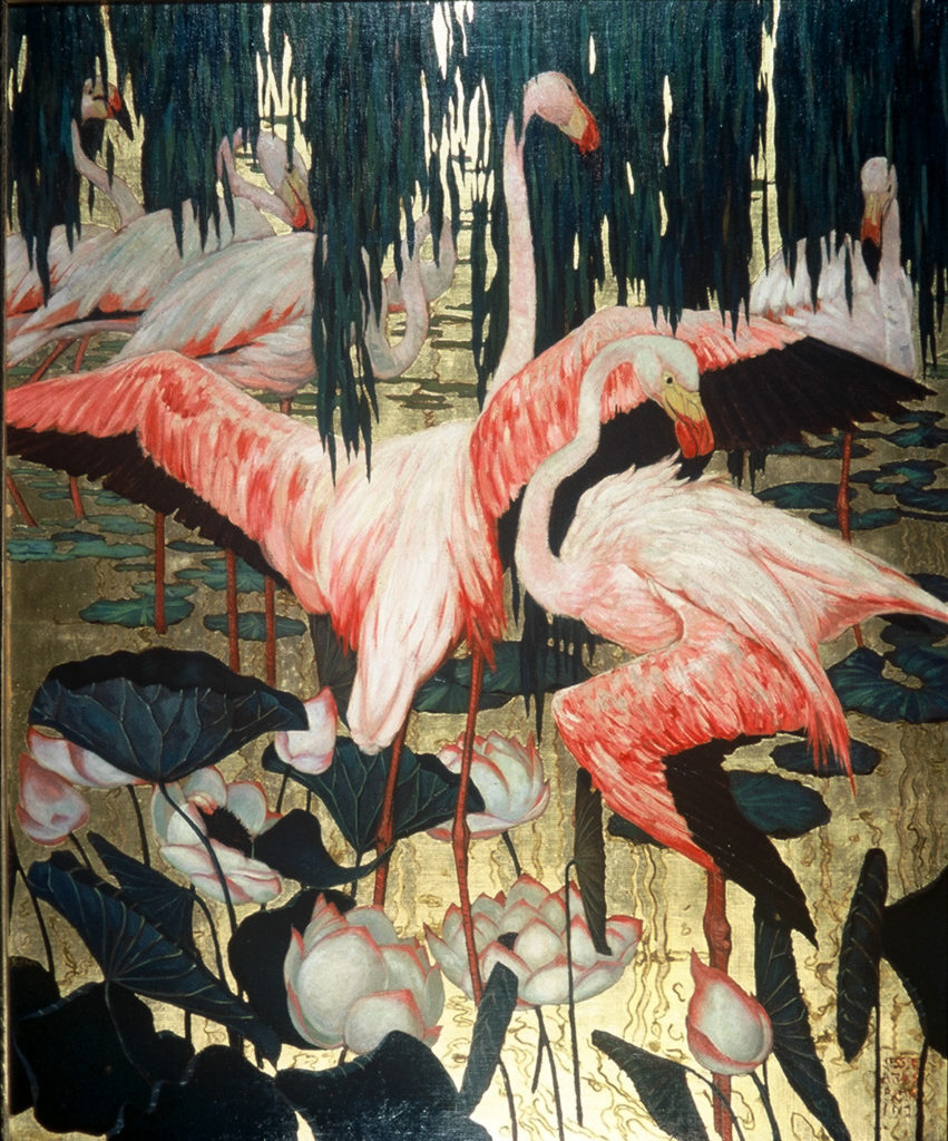 Jesse Arms Botke Flamingos oil on board. The Irvine Museum Collection at UCI