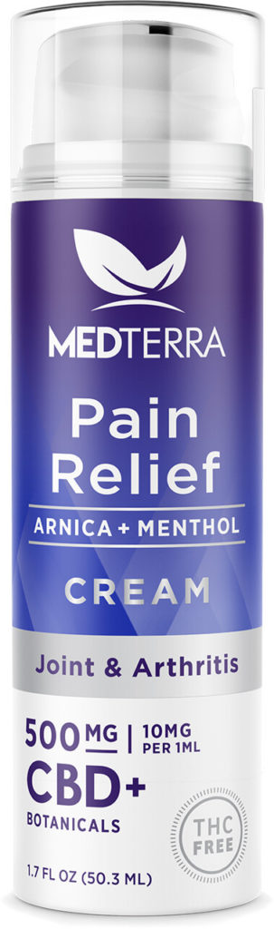 MEDTerra Pain Relief cream in a purple pump dispenser.