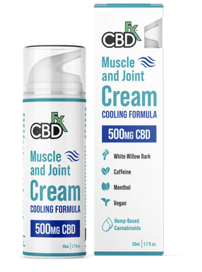 CBDFX Muscle Joint Cream in pump with white box on the right.