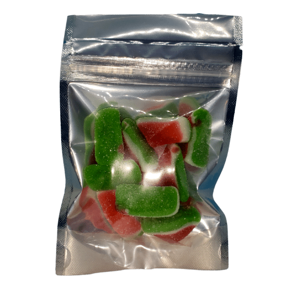 Watermelon flavored gummies in a silver, clear plastic pouch.