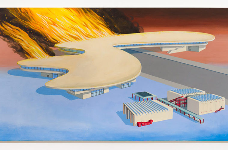 Track 16 Sandow Birk Los Angeles County Museum on Fire after Ed Ruscha 2022 Acrylic on canvas 48 x 120 inches