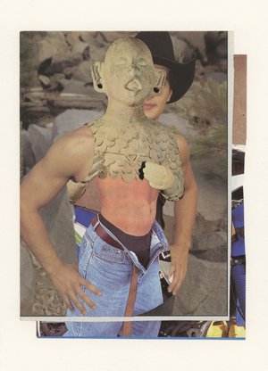 Charlie James Border Kindness Felipe Baeza Xipe Totec Adiós a Calibán Collage on paper 7 x 5 inches unframed 9 12 x1 38 x 7 58 inches framed 2021 Courtesy Maureen Paley London