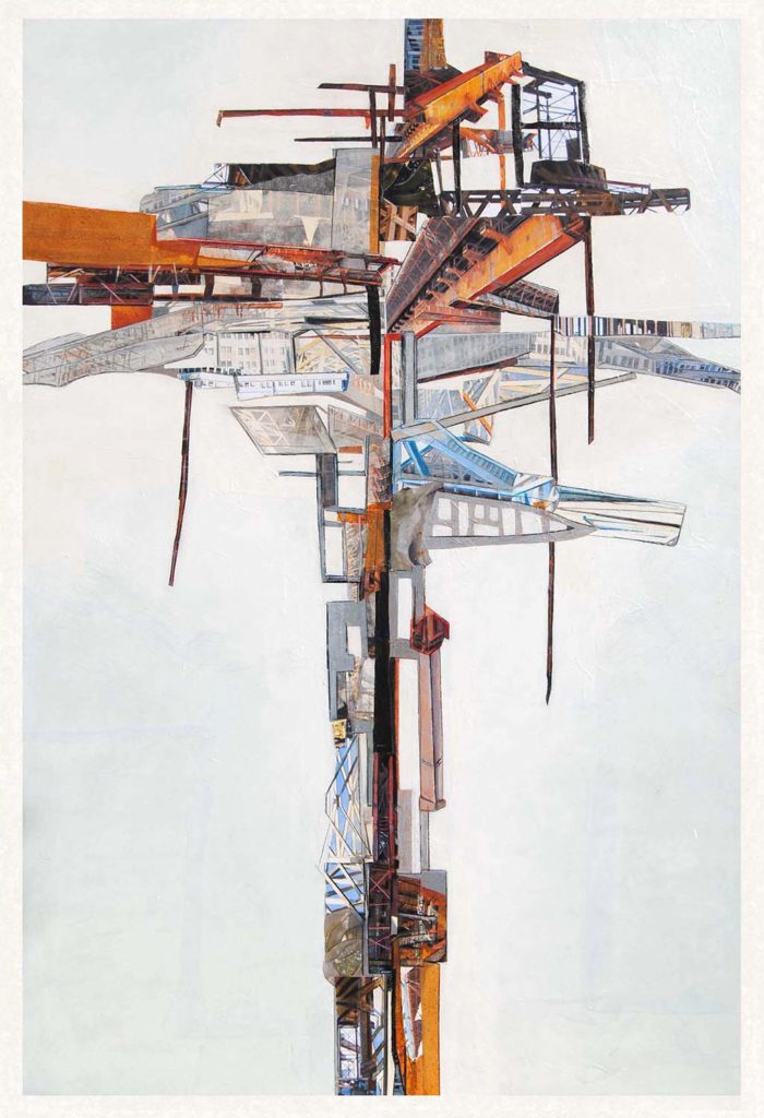 Jennifer Gunlock Metropolis Filifera Palm 2019 Mixed media paper collage leather and drawing on panel 72 x 48 inches