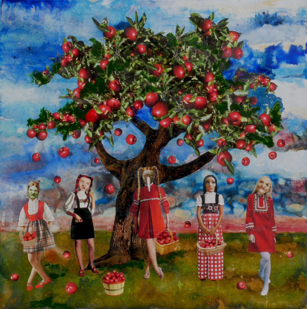 Marnie Weber Gathering Apples on a Sunny Day Acrylic and collage with encaustic on panel 2019 Courtesy of Simon Lee Gallery London