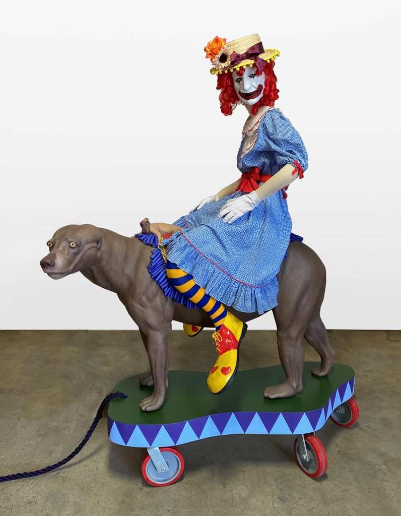 Self Portrait as a Clown 2007 2020 Costume on mannequin foam wood resin acrylic gold leaf rope and casters 82 x 64 x 37 in. 1