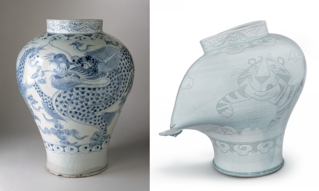 LACMA L Unknown Jar with Dragon and Clouds 1700–1800 R Steven Young Lee Jar with Tiger and Clouds 2019. Photos courtesy of Museum Associates LACMA