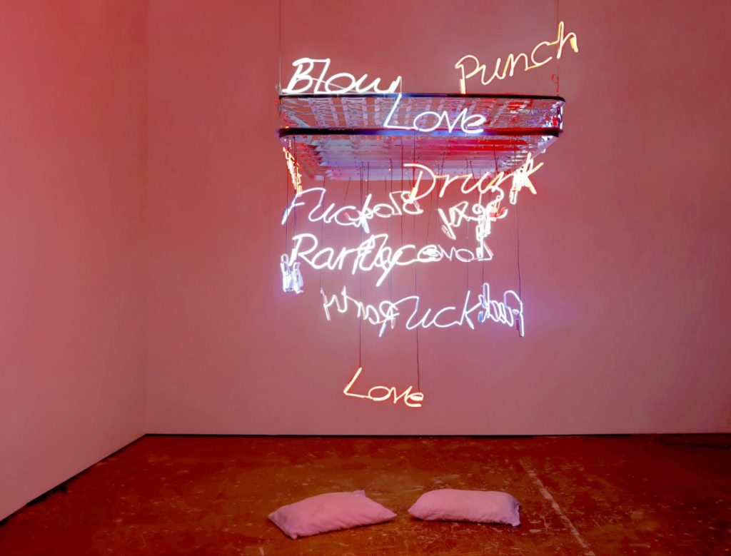 UTA Carl Hopgood Looking For Love In All The Wrong Places 2019 Multi colored neon and metal mattress 6 x 4 x 6 feet UTA