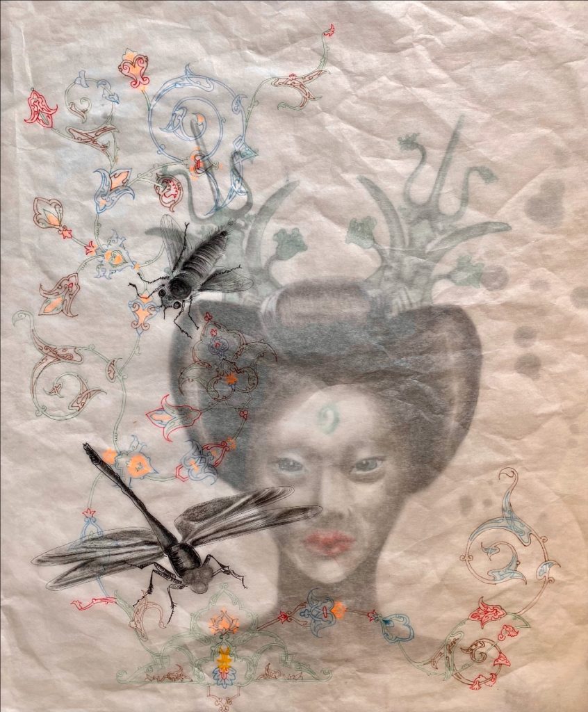 hamzianpour kia Roxana Manouchehri Dragonfly 2020 mixed media on two layers of rice paper 19.2 x 16 inches image courtesy of the artist and AFA