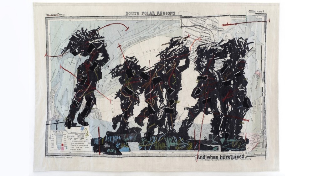 The Broad William Kentridge And When He Returned 2019. Hand woven mohair tapestry. 118 x 187 in. 300 x 475 cm. Collection of the Artist. © William Kentridge