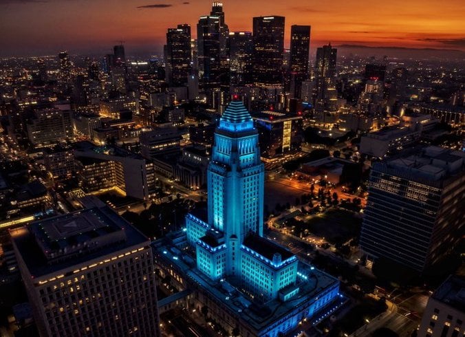 Ted Soqui City Hall lit up Dodger Blue for Vin Scully August 3 2022