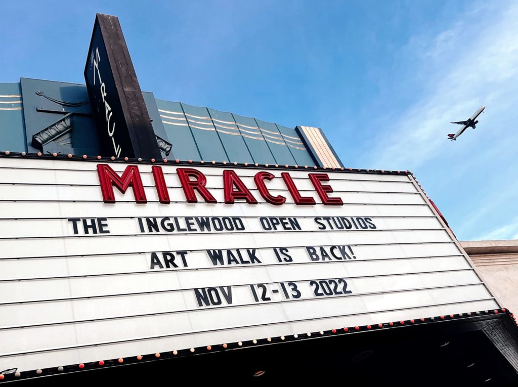 Inglewood Open Studios on the Miracle Theater marquee