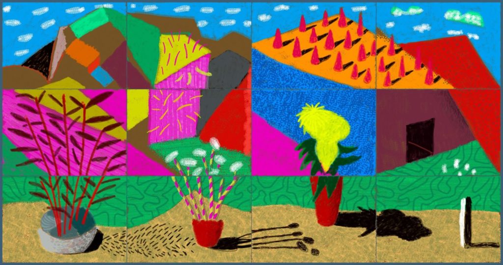 LA Louver David Hockney August 2021 Landscape with Shadows Twelve iPad paintings comprising a single work printed on paper mounted on Dibond Edition of 25 108.2 x 205 cm 42.5 x 80.75 Inches © D