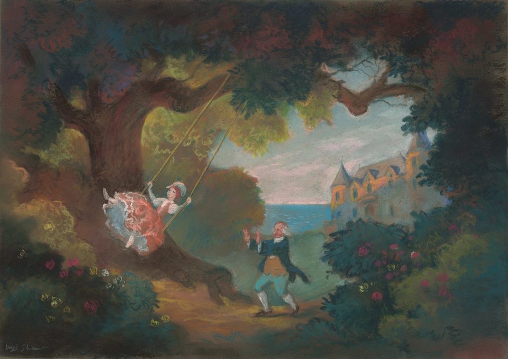 Mel Shaw American 1914–2012 Belle on a swing concept art for Beauty and the Beast 1991 1989. Pastel on board 16 12 x 23 38 in. 41.9 x 59.4 cm. Walt Disney Animation Research Library. © Disney.