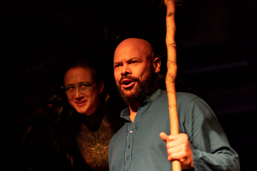 Jin Maley as Ariel and Chris Butler as Prospero in The Tempest at Shakespeare Center of Los Angeles co produced by After Hours Theatre Company 2023. Photography by Brian Hashimoto
