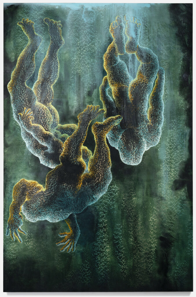 James Fuentes Gallery Didier William Plonje Dive 2023 Signed and dated verso Acrylic wood carving and ink on panel 106 x 70 inches