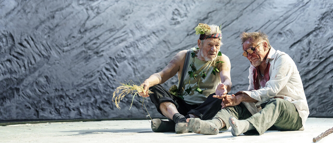 Sir Ian McKellen as King Lear left with Danny Webb as Gloucester. Photograph Johan Persson