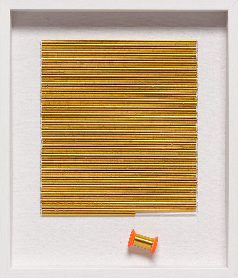 Track 16 Gallery Uma Rani Iyli Winding and Unwinding 1 2015 Gold Thread and Plexi and Wire 21 x 18 x 2 1 2in