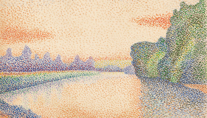 Getty Center The Banks of the Marne at Dawn detail about 1888 Albert Dubois Pillet. Watercolor over traces of black chalk. Courtesy of Getty Museum