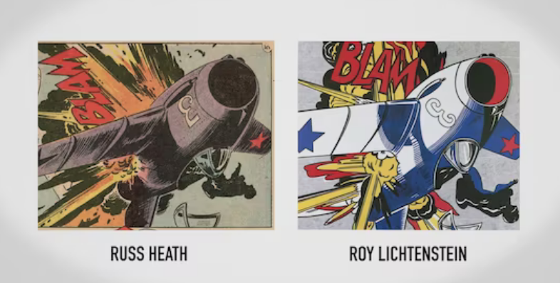 A side by side comparison of Russ Heaths original comic panel art from DC Comics All American Men of War 8922 1962 and Roy Lichtensteins 1962 painting Blam Hussey Cotton Films