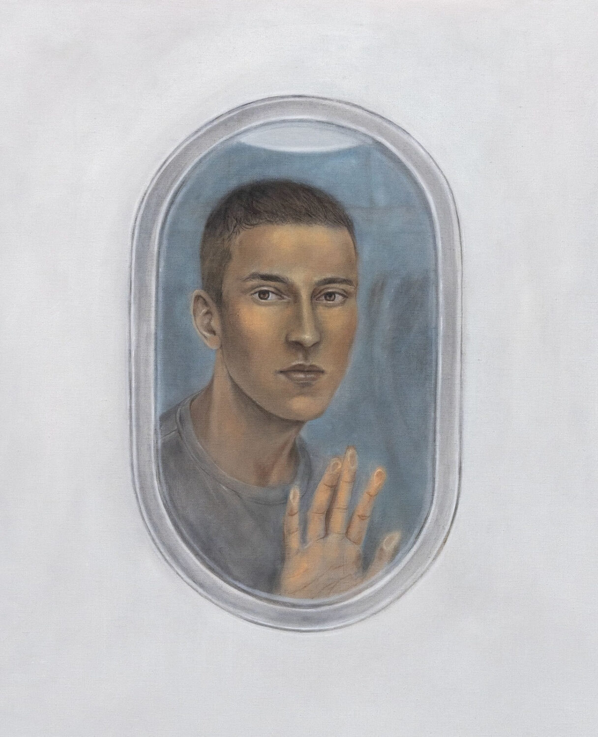Fitzpatrick Gallery Cédric Rivrain Passagers Avion Passengers Airplane detail 2024 Oil on linen 66 7 8 x 51 1 8 in Courtesy of the artist and Fitzpatrick Gallery Paris