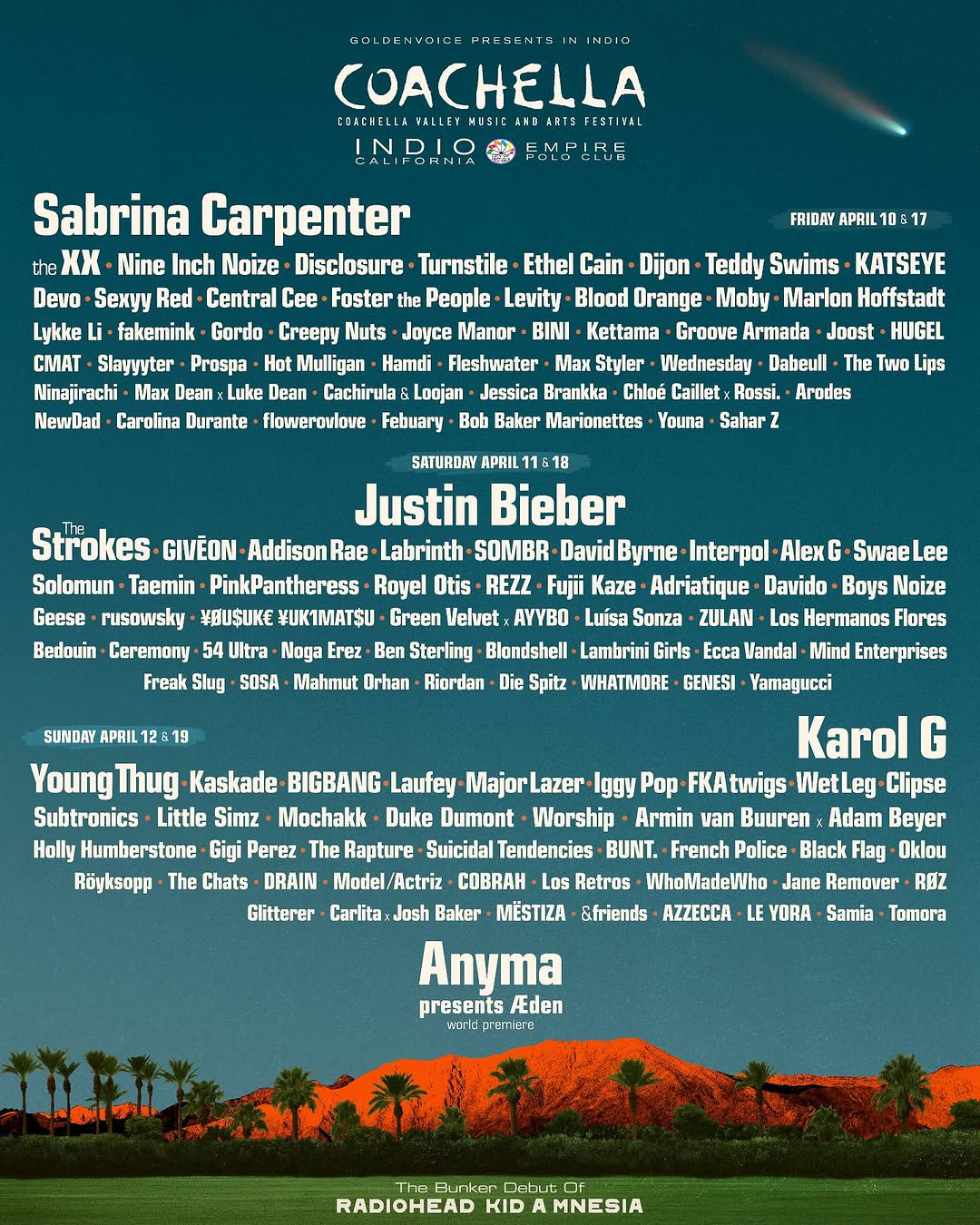 Coachella Announces Pop and Electronic Heavy Lineup for 2026 with Headliners Sabrina Carpenter, Justin Bieber, Karol G, plus Anyma and Radiohead 39 coachella 2026