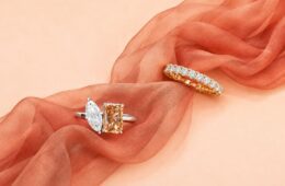 20 year anniversary jewelry gift featuring a two stone ring and gold eternity band by Golden Bird Jewels