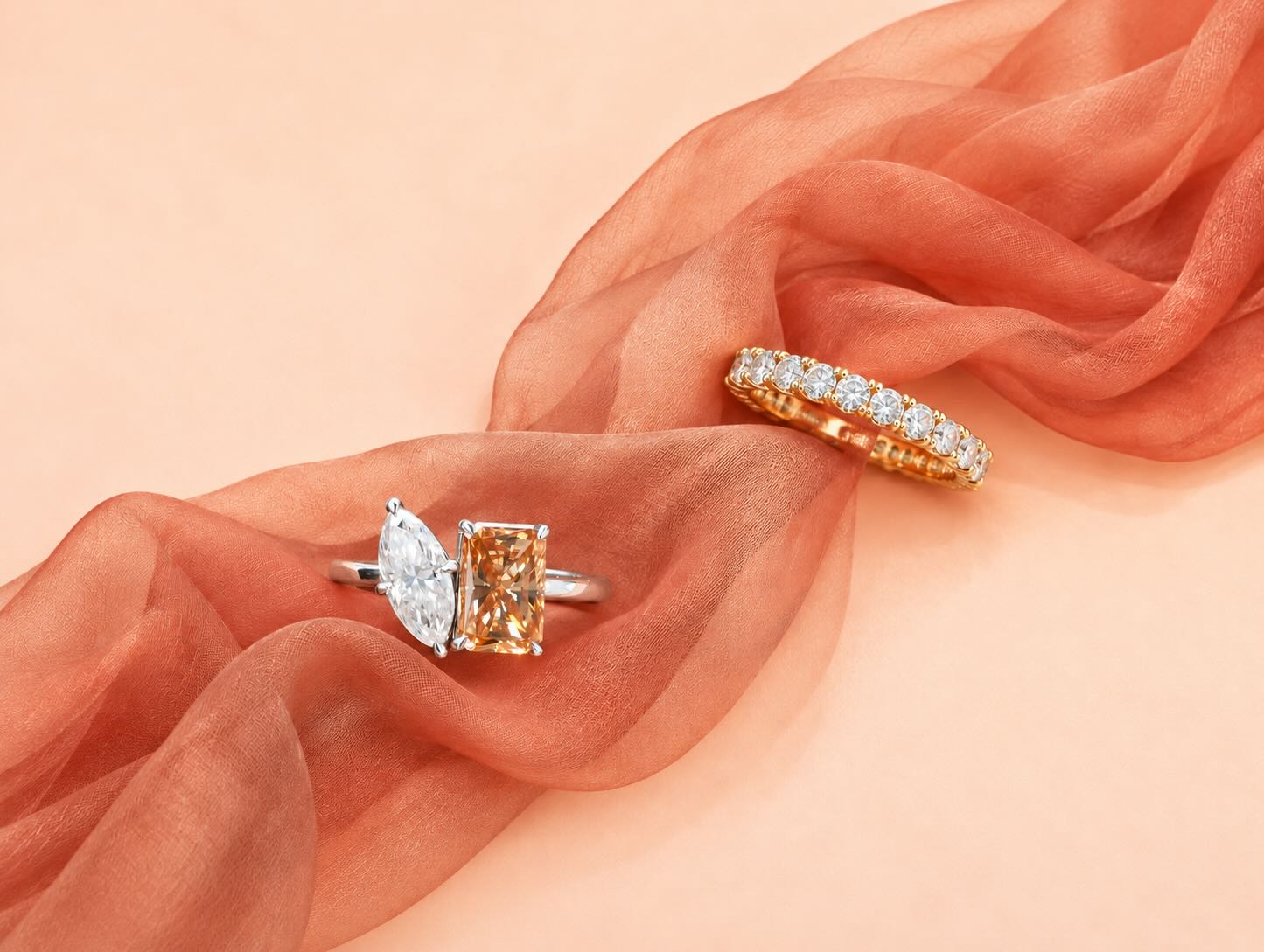 20 Year Anniversary Gift Ideas Featuring Modern Jewelry by Golden Bird Jewels 37 20 year anniversary jewelry gift featuring a two stone ring and gold eternity band by Golden Bird Jewels